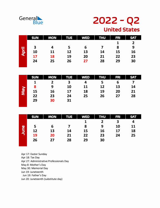 Q2 2022 Calendar with Holidays in United States