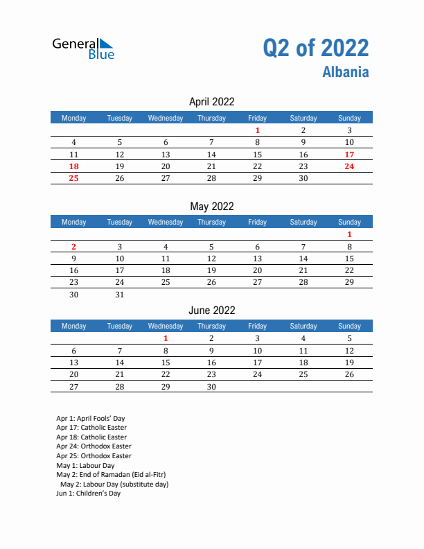 Albania Q2 2022 Quarterly Calendar with Monday Start