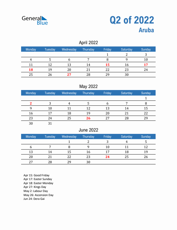 Aruba Q2 2022 Quarterly Calendar with Monday Start