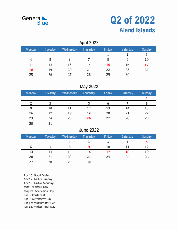 Aland Islands Q2 2022 Quarterly Calendar with Monday Start