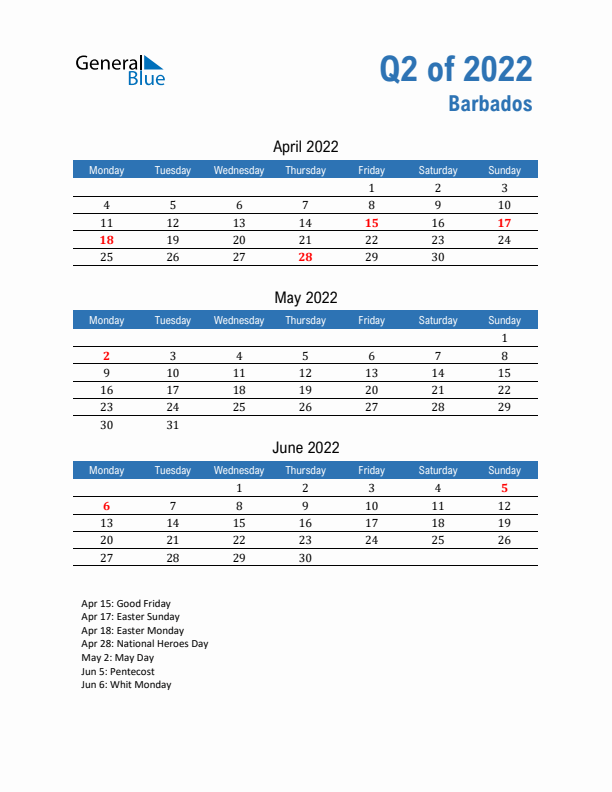 Barbados Q2 2022 Quarterly Calendar with Monday Start