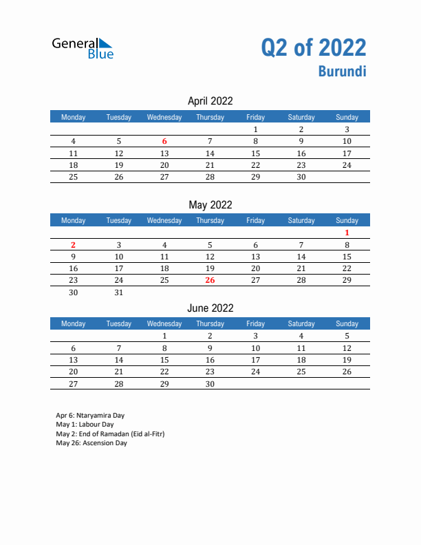 Burundi Q2 2022 Quarterly Calendar with Monday Start