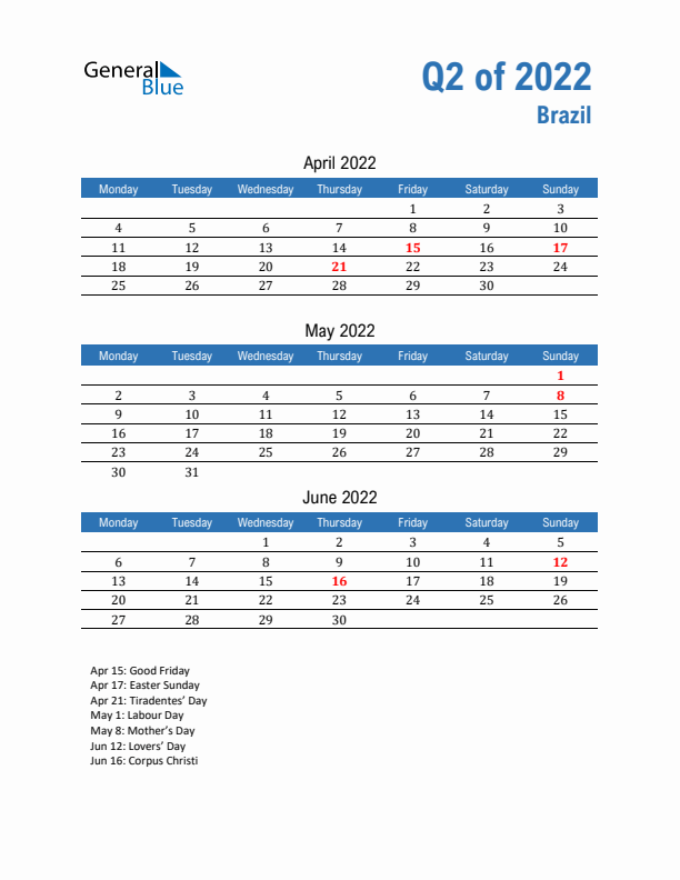 Brazil Q2 2022 Quarterly Calendar with Monday Start