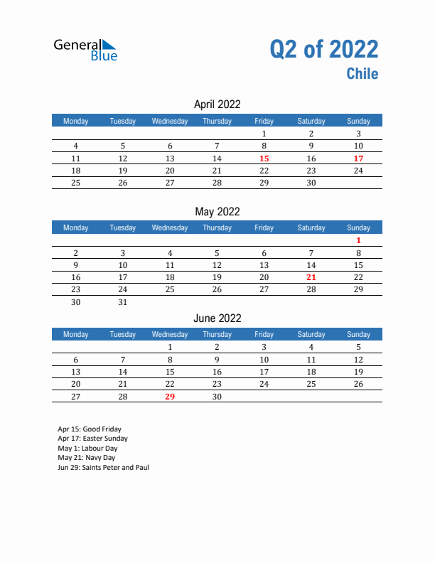 Chile Q2 2022 Quarterly Calendar with Monday Start