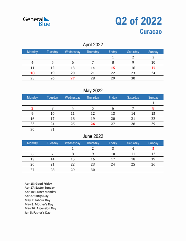 Curacao Q2 2022 Quarterly Calendar with Monday Start