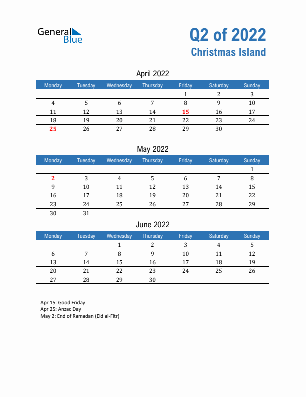 Christmas Island Q2 2022 Quarterly Calendar with Monday Start