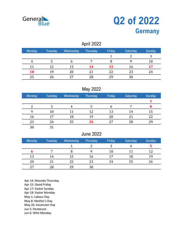 Germany Q2 2022 Quarterly Calendar with Monday Start