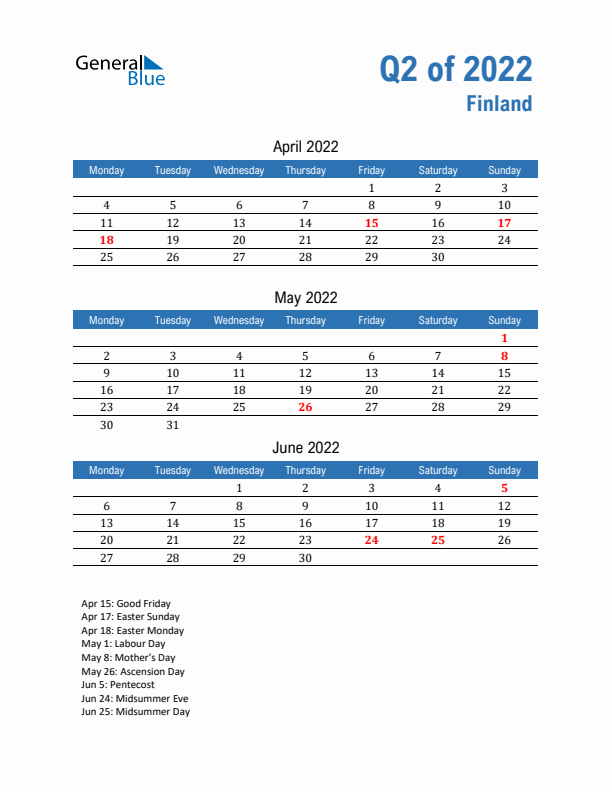 Finland Q2 2022 Quarterly Calendar with Monday Start