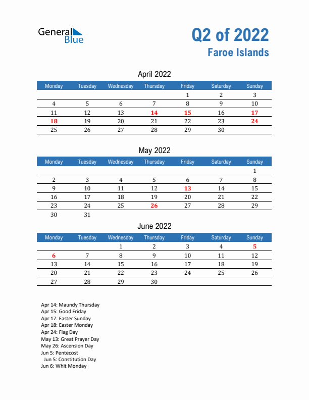 Faroe Islands Q2 2022 Quarterly Calendar with Monday Start