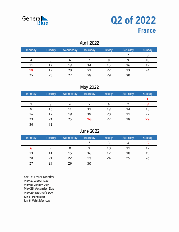 France Q2 2022 Quarterly Calendar with Monday Start