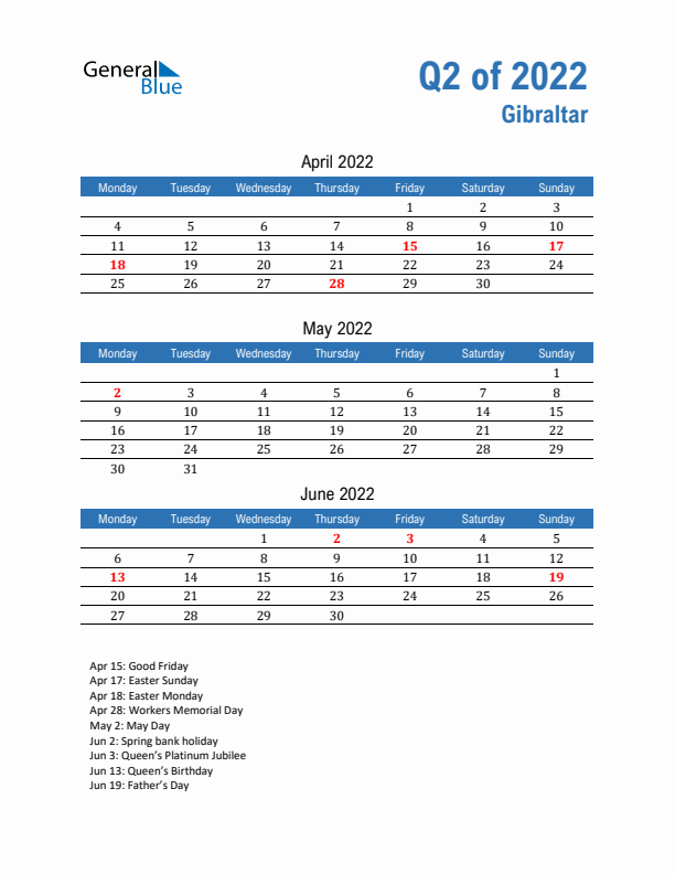 Gibraltar Q2 2022 Quarterly Calendar with Monday Start