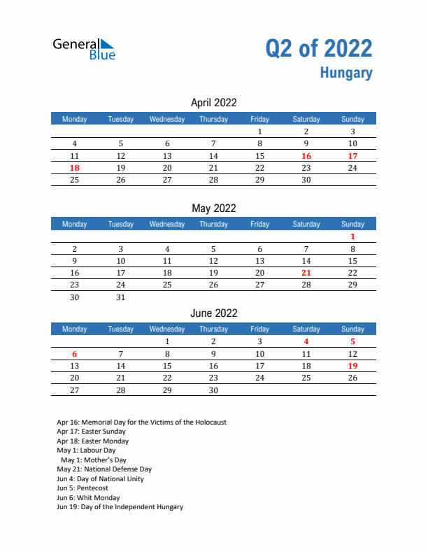 Hungary Q2 2022 Quarterly Calendar with Monday Start