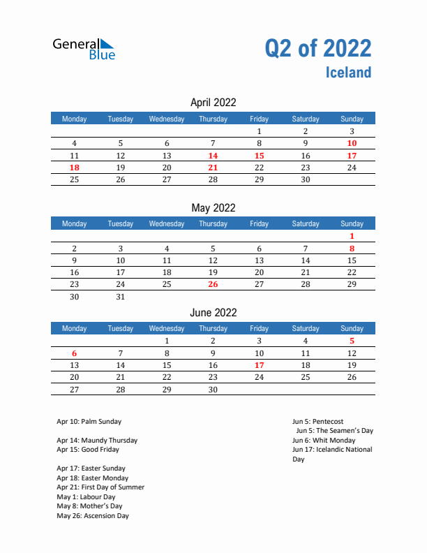 Iceland Q2 2022 Quarterly Calendar with Monday Start