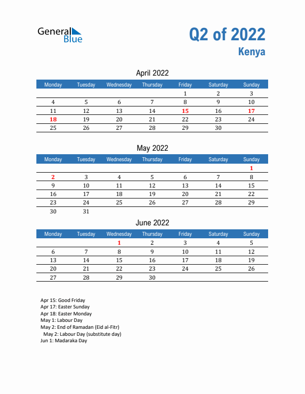 Kenya Q2 2022 Quarterly Calendar with Monday Start