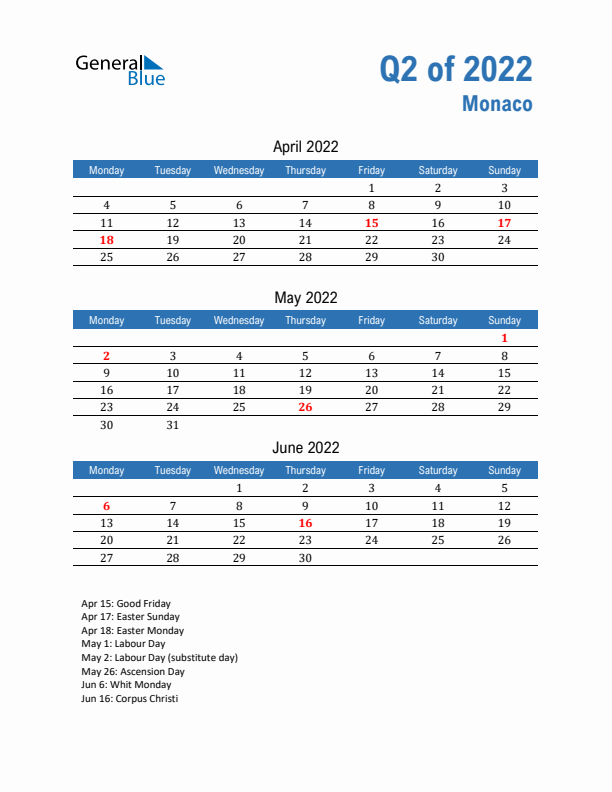 Monaco Q2 2022 Quarterly Calendar with Monday Start