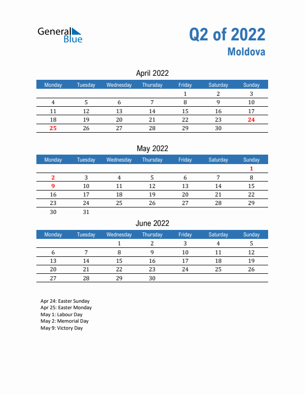 Moldova Q2 2022 Quarterly Calendar with Monday Start