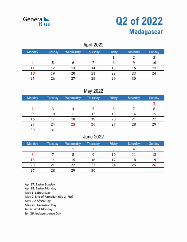 Madagascar Q2 2022 Quarterly Calendar with Monday Start