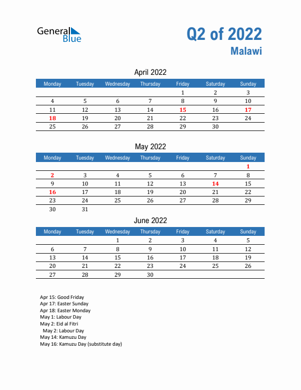 Malawi Q2 2022 Quarterly Calendar with Monday Start