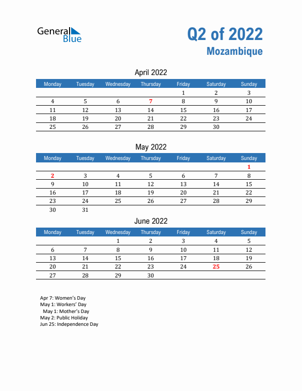 Mozambique Q2 2022 Quarterly Calendar with Monday Start