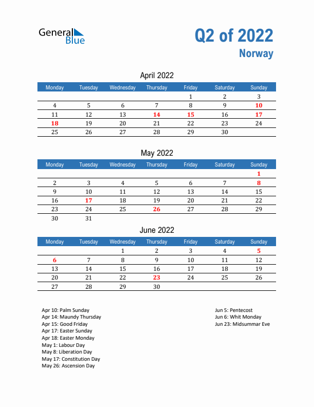 Norway Q2 2022 Quarterly Calendar with Monday Start