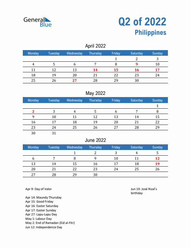 Philippines Q2 2022 Quarterly Calendar with Monday Start