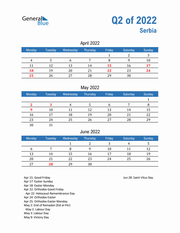 Serbia Q2 2022 Quarterly Calendar with Monday Start