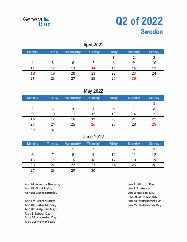 Sweden Q2 2022 Quarterly Calendar with Monday Start