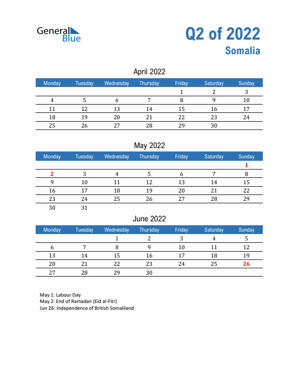 Somalia Q2 2022 Quarterly Calendar with Monday Start