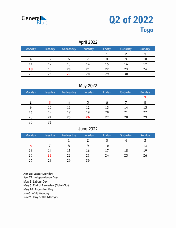 Togo Q2 2022 Quarterly Calendar with Monday Start