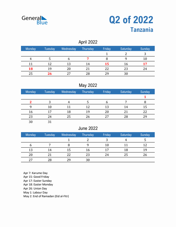 Tanzania Q2 2022 Quarterly Calendar with Monday Start