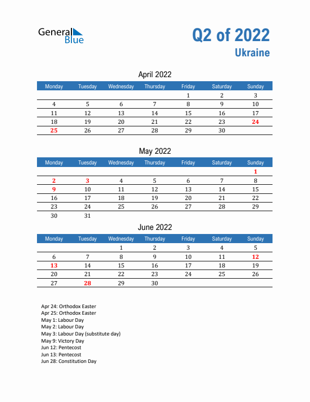 Ukraine Q2 2022 Quarterly Calendar with Monday Start