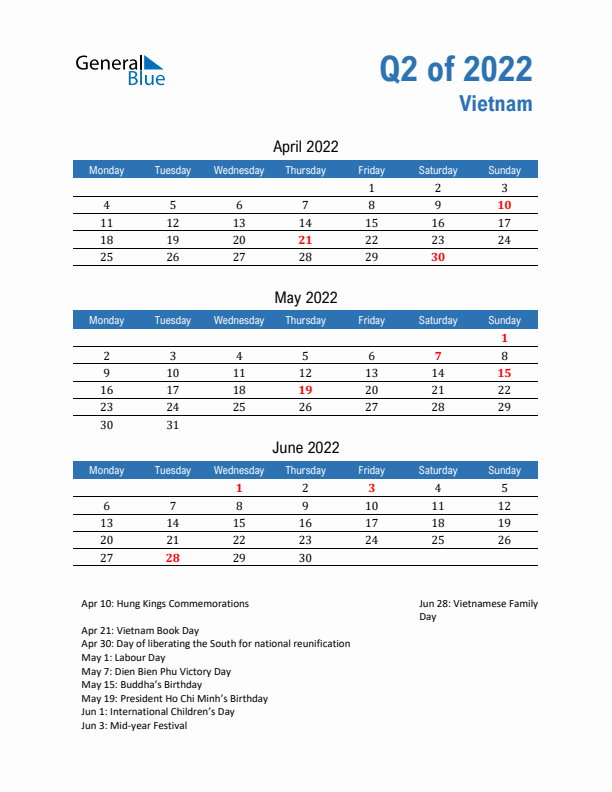 Vietnam Q2 2022 Quarterly Calendar with Monday Start