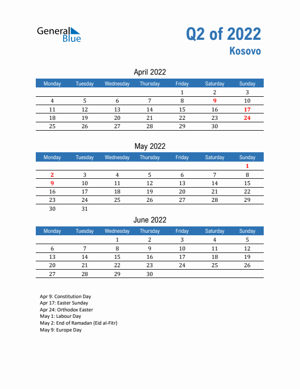 Kosovo Q2 2022 Quarterly Calendar with Monday Start