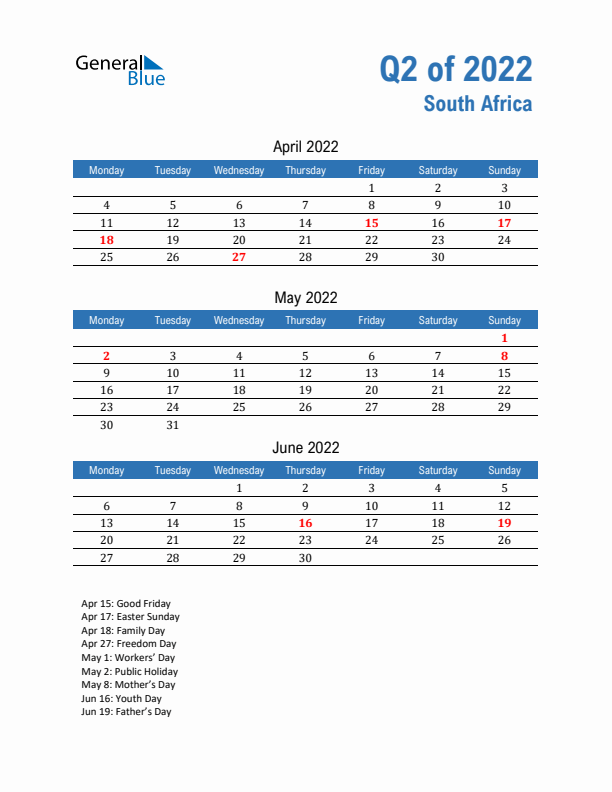 South Africa Q2 2022 Quarterly Calendar with Monday Start