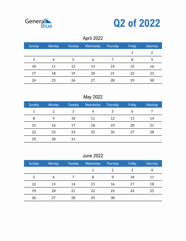 Fillable Quarterly Calendar for Q2 2022