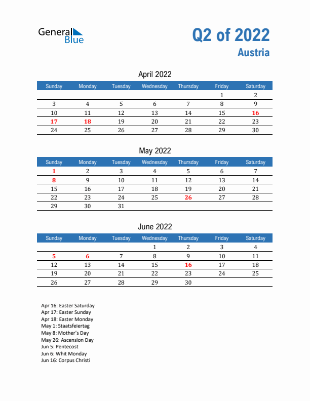 Austria Q2 2022 Quarterly Calendar with Sunday Start