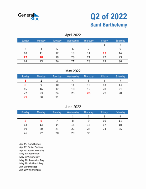 Saint Barthelemy Q2 2022 Quarterly Calendar with Sunday Start