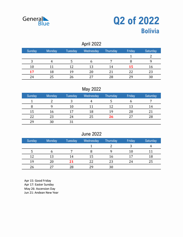 Bolivia Q2 2022 Quarterly Calendar with Sunday Start