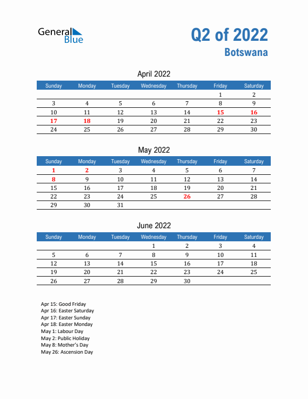 Botswana Q2 2022 Quarterly Calendar with Sunday Start