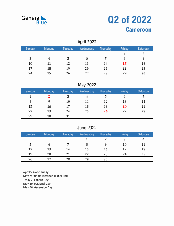 Cameroon Q2 2022 Quarterly Calendar with Sunday Start