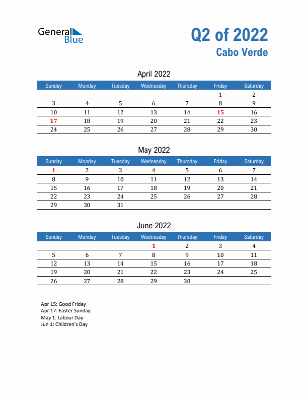 Cabo Verde Q2 2022 Quarterly Calendar with Sunday Start