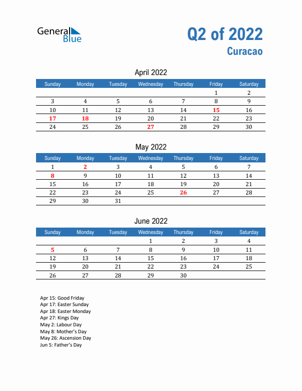 Curacao Q2 2022 Quarterly Calendar with Sunday Start