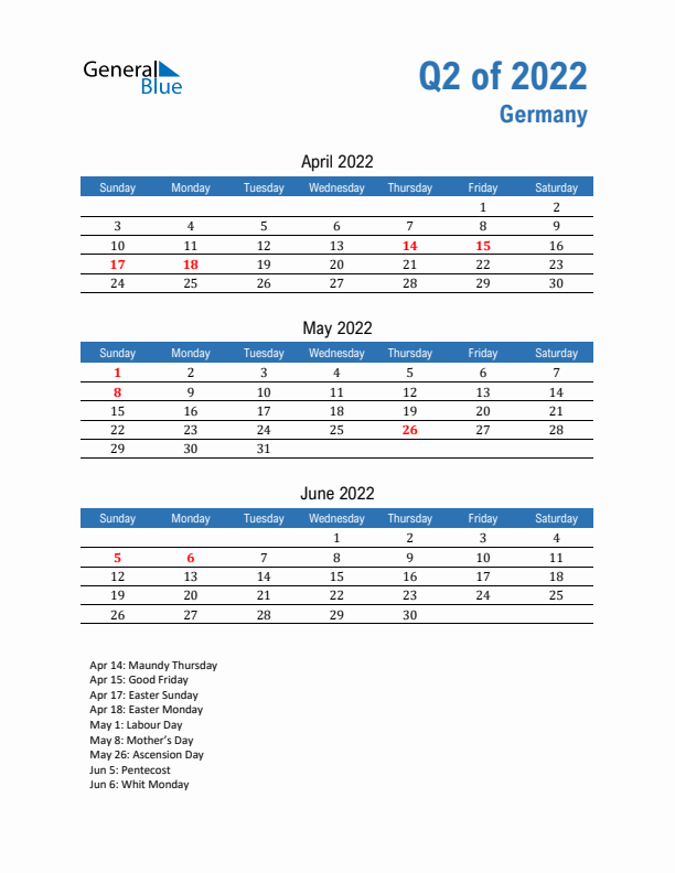 Germany Q2 2022 Quarterly Calendar with Sunday Start