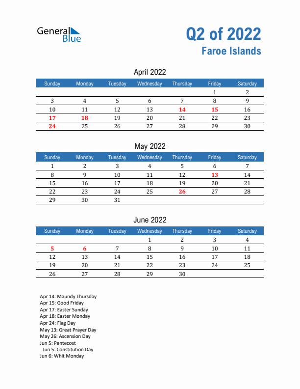 Faroe Islands Q2 2022 Quarterly Calendar with Sunday Start