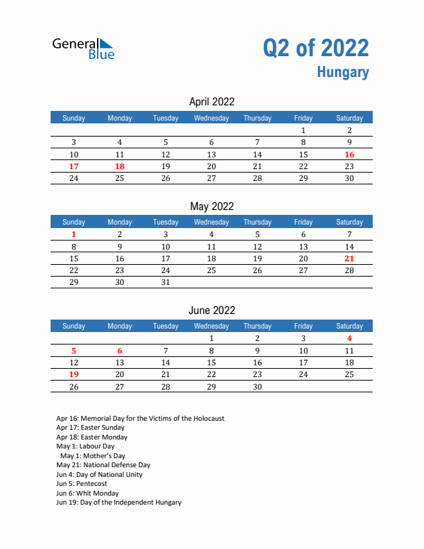 Hungary Q2 2022 Quarterly Calendar with Sunday Start