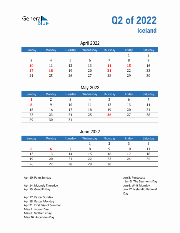 Iceland Q2 2022 Quarterly Calendar with Sunday Start