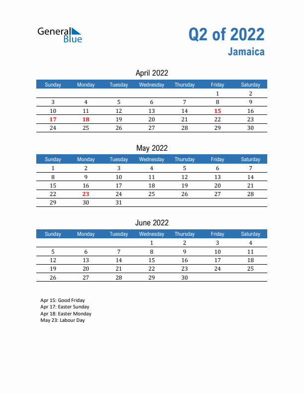 Jamaica Q2 2022 Quarterly Calendar with Sunday Start