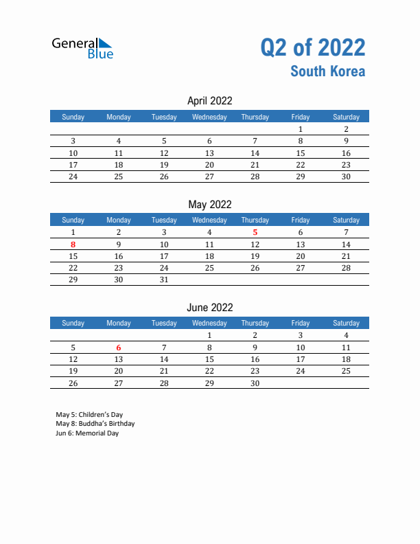 South Korea Q2 2022 Quarterly Calendar with Sunday Start