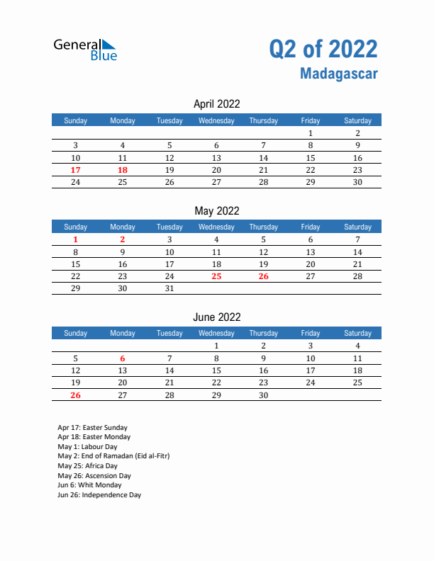 Madagascar Q2 2022 Quarterly Calendar with Sunday Start