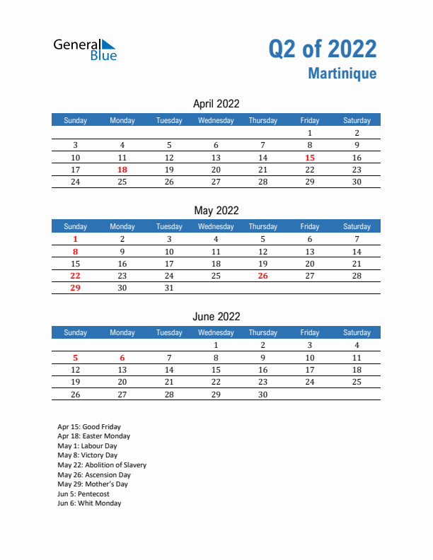 Martinique Q2 2022 Quarterly Calendar with Sunday Start